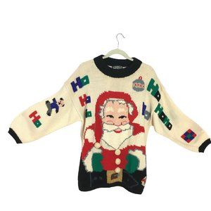 Vintage Berek L Sweater Santa Christmas Hand Knit Pom Pom Toys Oversized